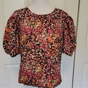 NWOT H&M Women’s Black Pink Red Floral Puff Sleeve Top Blouse Shirt Size L Large